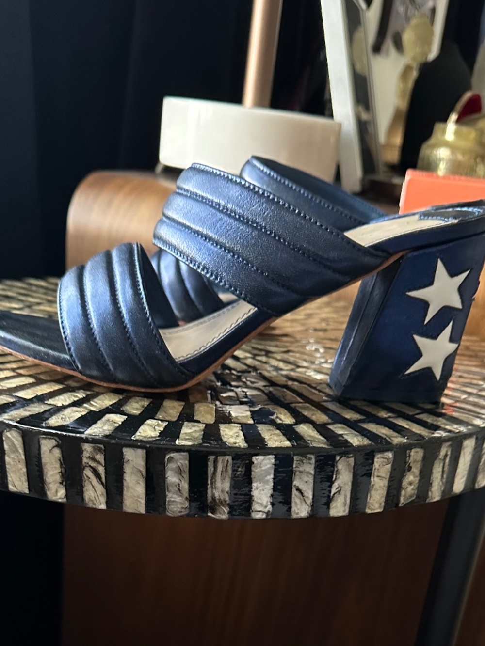 Sandro Blue Mule with White Stars on Stacked Heel